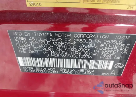 2008 Lexus Gs 350 z USA, uszkodzony, nr VIN JTHCE96S580013736